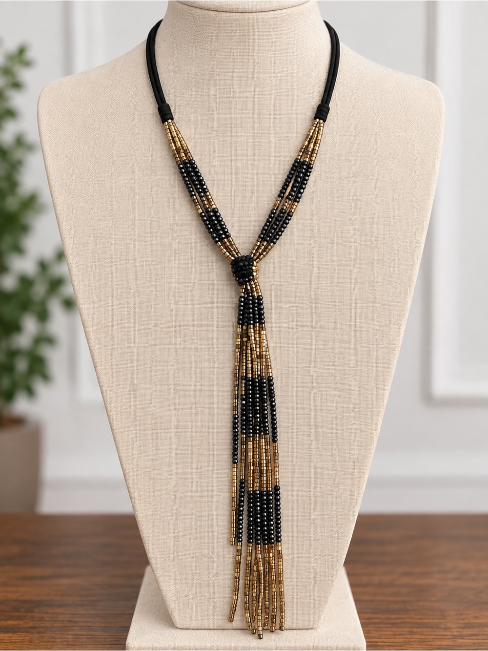 Black Gold Beaded Multi Strand Lariat Tassel Statement Necklace